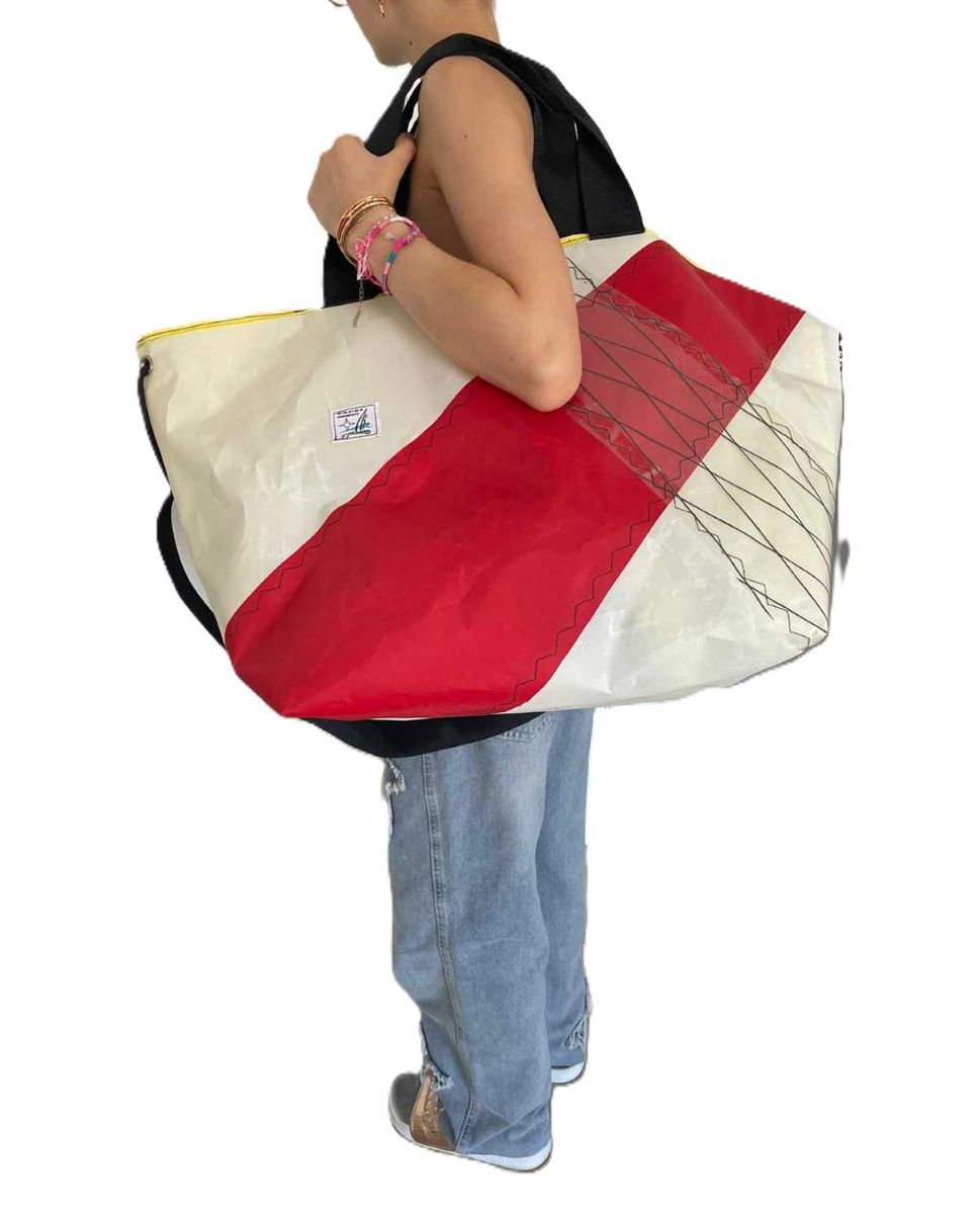 Grand Sac Plage Tissu Voile Recyclé Blanc- Rouge – Image 6