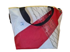 Grand Sac Plage Tissu Voile Recyclé Blanc- Rouge